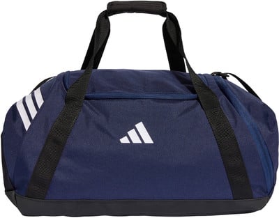 Eine dunkelblaue Adidas Sporttasche mit weißem Logo und Streifen.