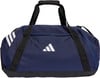 Eine dunkelblaue Adidas Sporttasche mit weißem Logo und Streifen.