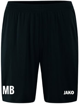 Schwarze Shorts mit weißem JAKO-Logo und Aufschrift MB.