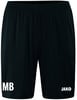 Schwarze Shorts mit weißem JAKO-Logo und Aufschrift MB.