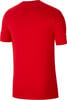 Rotes T-Shirt mit kurzen Ärmeln und einem Logo auf dem Ärmel.