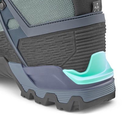 Detail der Sohle und Ferse eines Wanderschuhs mit Textilobermaterial und Plastikelementen. Detail der Sohle und Ferse eines Wanderschuhs mit Textilobermaterial und Plastikelementen.