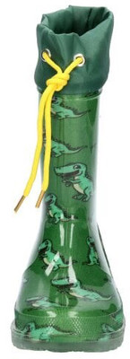 Grüne Gummistiefel mit Dinosauriern und Kordelzug oben. Grüne Gummistiefel mit Dinosauriern und Kordelzug oben.