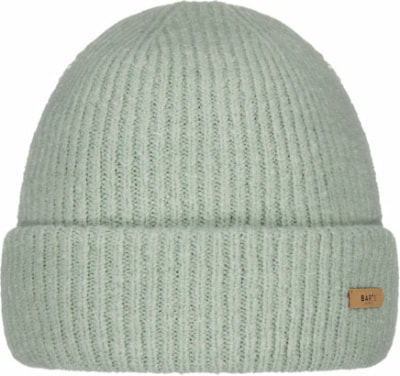 Hellgrüne Strickmütze mit Umschlag und Lederdetail. Hellgrüne Strickmütze mit Umschlag und Lederdetail.