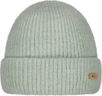 Hellgrüne Strickmütze mit Umschlag und Lederdetail.
