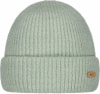 Hellgrüne Strickmütze mit Umschlag und Lederdetail.
