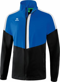 Eine blaue Herrenjacke mit weißen und schwarzen Streifen und Erima-Logo.