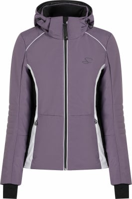 Violette Damen-Skijacke mit weißen und schwarzen Details und Logo. Violette Damen-Skijacke mit weißen und schwarzen Details und Logo.