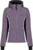 Violette Damen-Skijacke mit weißen und schwarzen Details und Logo.