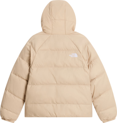 Beige Daunenjacke von The North Face mit Kapuze und Logo auf dem Rücken.