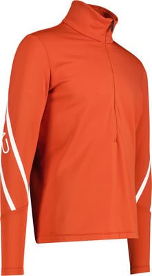 Orangefarbener Sportpullover mit Stehkragen und weißem Streifen am Ärmel.