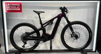 Lila E-Bike mit Federung und Aufschrift auf dem Ständer.