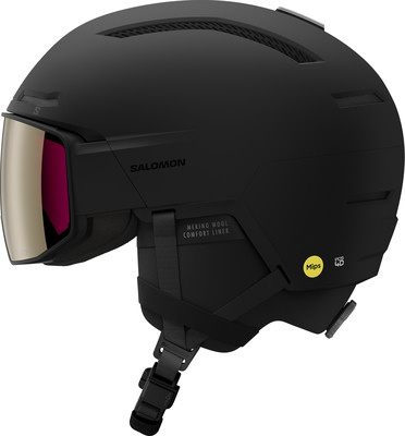 Schwarzer Salomon Skihelm mit integriertem Visier und MIPS-Technologie. Schwarzer Salomon Skihelm mit integriertem Visier und MIPS-Technologie.