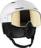 Weißer Skihelm mit goldener Brille und schwarzem Riemen.