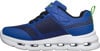 Blauer Kinderschuh mit Klettverschluss und grünen Akzenten.