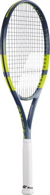 Tennisschläger mit dunkelblauem Rahmen und gelben Details.