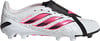 Weißer Adidas Predator Fußballschuh mit rosa Streifen und schwarzem Verschluss.