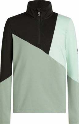 Schwarzer und hellgrüner Pullover mit Farbblockdesign und halbem Reißverschluss. Schwarzer und hellgrüner Pullover mit Farbblockdesign und halbem Reißverschluss.