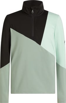 Schwarzer und hellgrüner Pullover mit Farbblockdesign und halbem Reißverschluss.