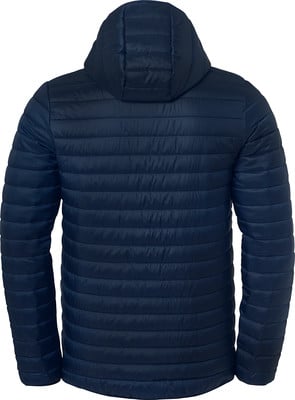 Rückansicht einer dunkelblauen gesteppten Jacke mit Kapuze. Rückansicht einer dunkelblauen gesteppten Jacke mit Kapuze.