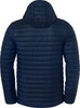 Rückansicht einer dunkelblauen gesteppten Jacke mit Kapuze.