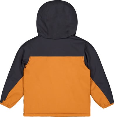 Rückansicht einer Kinderjacke mit Kapuze in Dunkelblau und Orange.