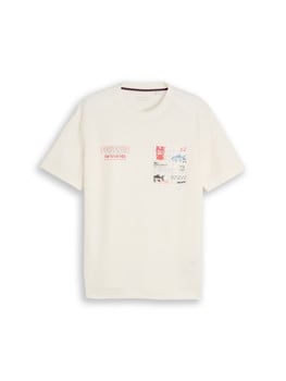 Krémszínű, rövid ujjú póló postabélyeg nyomattal.