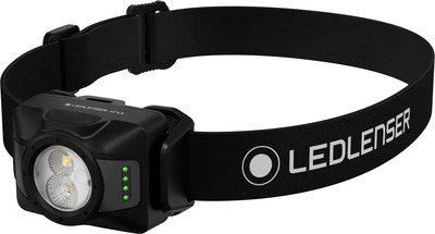Schwarze LEDLENSER Stirnlampe mit verstellbarem Gurt und Batterieanzeige. Schwarze LEDLENSER Stirnlampe mit verstellbarem Gurt und Batterieanzeige.
