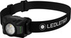 Schwarze LEDLENSER Stirnlampe mit verstellbarem Gurt und Batterieanzeige.