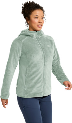Damen-Fleecejacke mit Kapuze in Minzgrün, mit dunkelblauer Hose. Damen-Fleecejacke mit Kapuze in Minzgrün, mit dunkelblauer Hose.