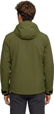 Rückansicht eines Mannes in einer grünen Kapuzenjacke mit schwarzen Bündchen. Rückansicht eines Mannes in einer grünen Kapuzenjacke mit schwarzen Bündchen.