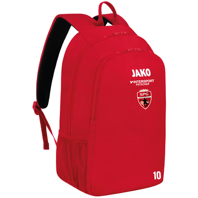 Ein roter Rucksack mit JAKO, Intersport und SPG Logo, mit der Zahl 10.