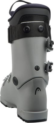 Grauer Skischuh mit schwarzem Riemen und Schnallen, Head-Logo auf der Ferse. Grauer Skischuh mit schwarzem Riemen und Schnallen, Head-Logo auf der Ferse.