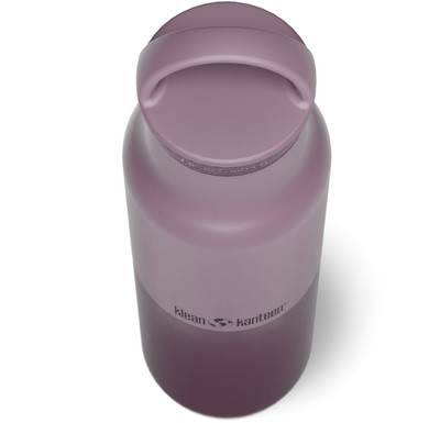 Eine lila Klean Kanteen Flasche mit Henkel, von oben gesehen.