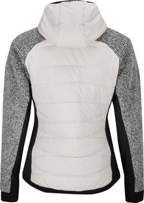 Rückseite einer Jacke mit gesteppter weißer Mitte und schwarzen Ärmeln. Rückseite einer Jacke mit gesteppter weißer Mitte und schwarzen Ärmeln.