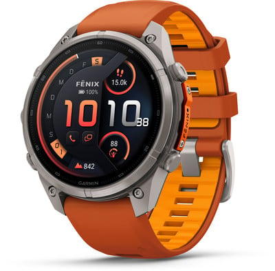 Eine Garmin Fenix Smartwatch mit orangefarbenem Armband und digitalem Zifferblatt. Eine Garmin Fenix Smartwatch mit orangefarbenem Armband und digitalem Zifferblatt.