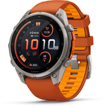 Eine Garmin Fenix Smartwatch mit orangefarbenem Armband und digitalem Zifferblatt.