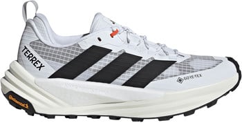 Weiße Adidas Terrex Laufschuhe mit schwarzen Streifen und Gore-Tex-Logo.