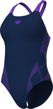 Dunkelblaue Arena-Badeanzug mit lila Streifen und Logo.