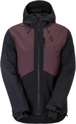 Schwarze Skijacke mit burgunderroten und schwarzen Einsätzen und Scott-Logo. Schwarze Skijacke mit burgunderroten und schwarzen Einsätzen und Scott-Logo.