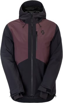 Schwarze Skijacke mit burgunderroten und schwarzen Einsätzen und Scott-Logo.