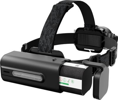 Schwarze Stirnlampe mit verstellbarem Gurt und LED-Beleuchtung. Schwarze Stirnlampe mit verstellbarem Gurt und LED-Beleuchtung.