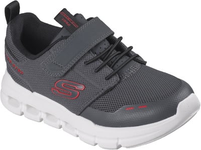 Grauer Kinderschuh von Skechers mit rotem Logo und Klettverschluss. Grauer Kinderschuh von Skechers mit rotem Logo und Klettverschluss.