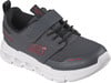 Grauer Kinderschuh von Skechers mit rotem Logo und Klettverschluss.