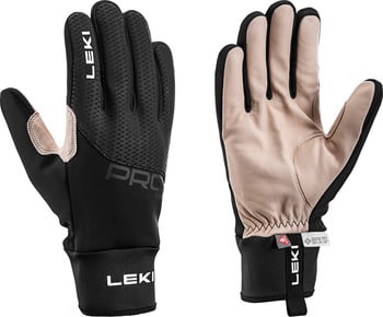 Schwarze Leki-Handschuhe mit Lederhandfläche und Gore-Tex Infinium-Logo.