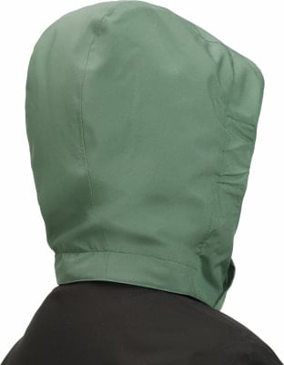 Grüne Kapuze einer Jacke mit schwarzem Stoff darunter.