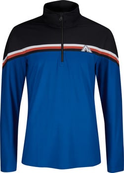 Blaue Herrenjacke mit schwarzem Kragen und Streifen.