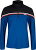 Blaue Herrenjacke mit schwarzem Kragen und Streifen.