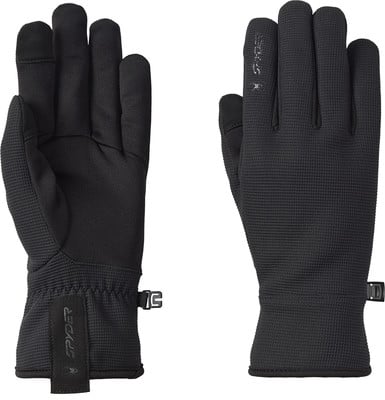 Zwei schwarze Spyder-Handschuhe, von außen und innen mit Logo gezeigt. Zwei schwarze Spyder-Handschuhe, von außen und innen mit Logo gezeigt.