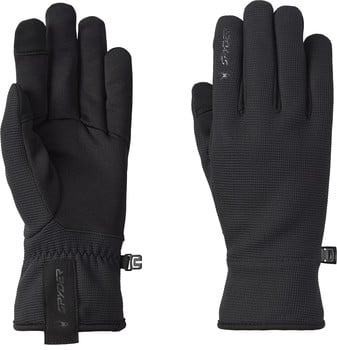 Zwei schwarze Spyder-Handschuhe, von außen und innen mit Logo gezeigt.